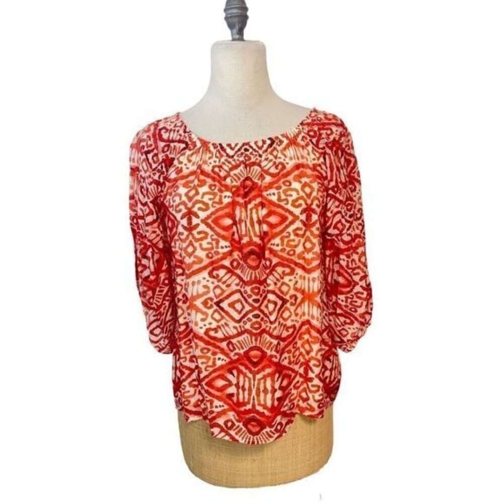 P Cill Orange print Rayon Blend Boho Peasant Top Medium NWT
